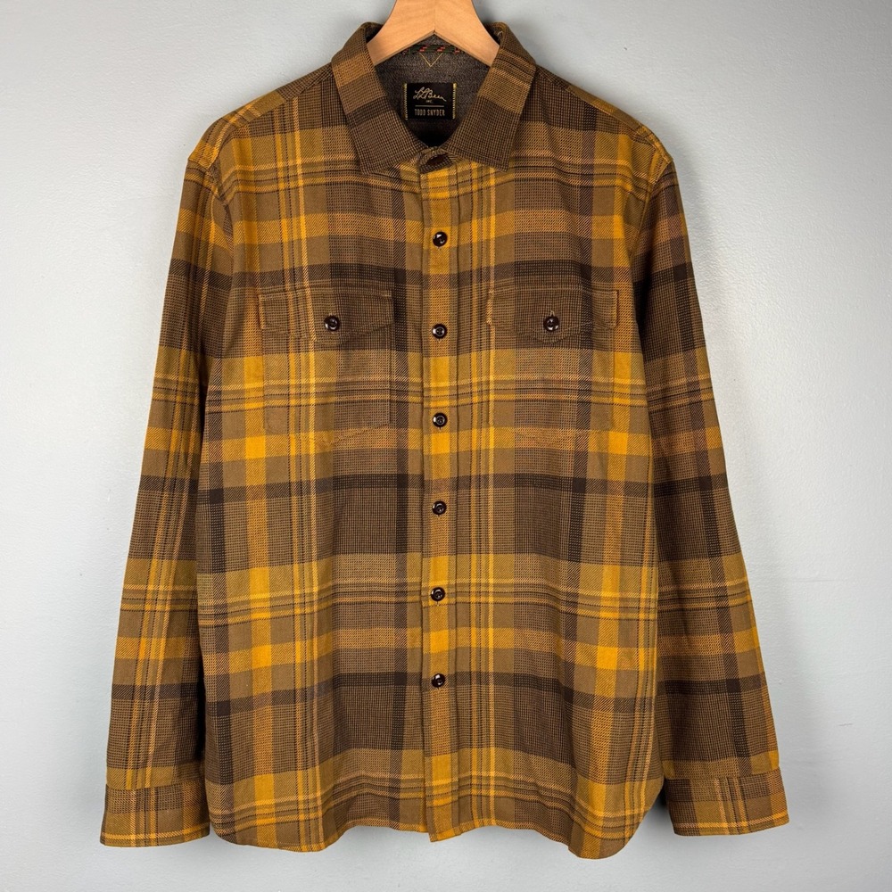 LL Bean Todd Snyder Mens Large Yellow Plaid Elbow Patch Button Up Flannel Shirt - Picture 2 of 9